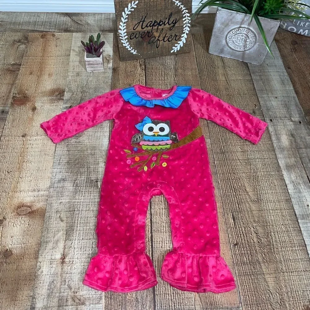 💜 Mud Pie Pink Minky Owl Romper Ruffled Hem and Neckline Size 0-6 M